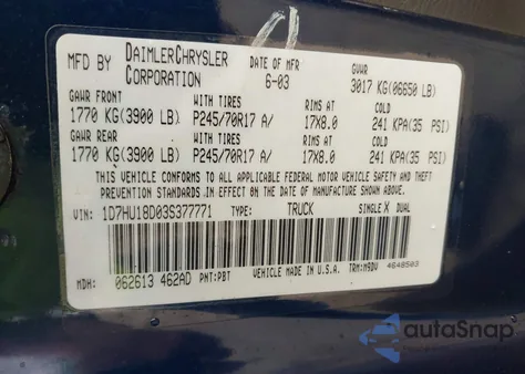 2003 Dodge Ram 1500 Slt/Laramie/St из США, поврежденный, VIN 1D7HU18D03S377771